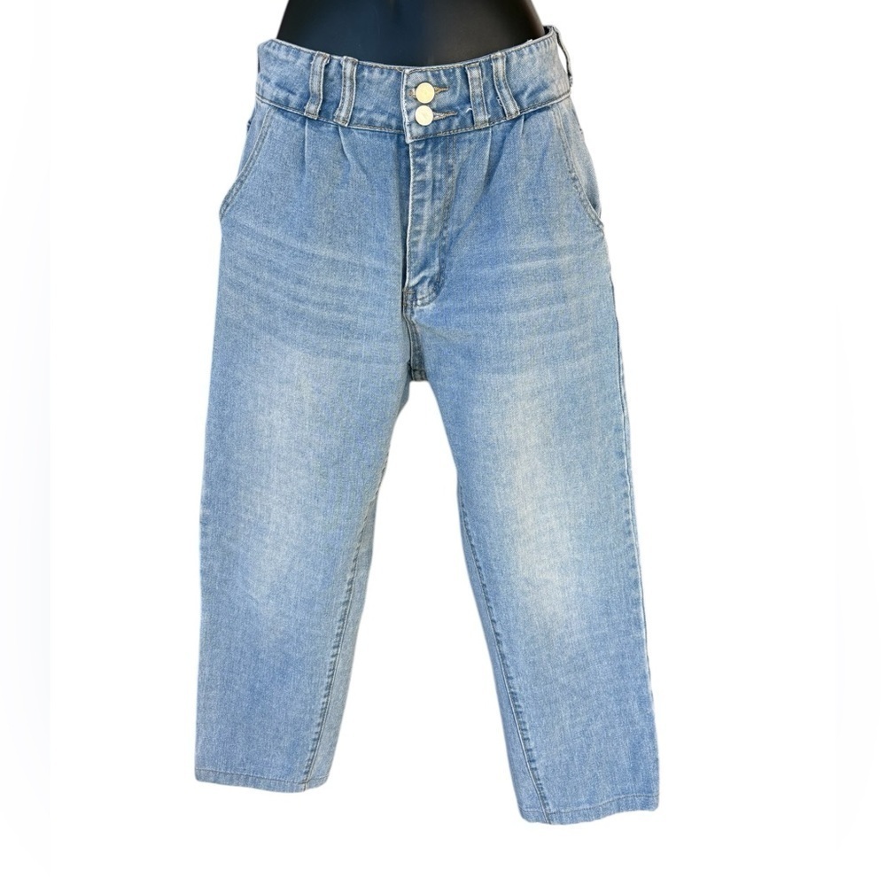 SHEIN women’s pleated high waisted denim cropped jeans size L 85% cotton used